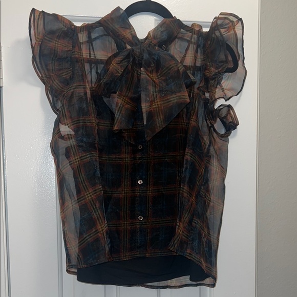 NWT Anthropologie Plaid Sheer Ruffle Top - Picture 2 of 8
